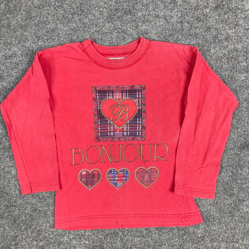 Bonjour Girls Size‎ 5-6 Red Long Sleeve Graphic Heart Shirt Vintage